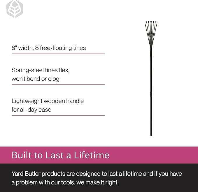 Yard Butler World’s Greatest Rake 8” Wide Shrub Rake, ILT-8 Garden Rake for Lawncare - Convenient Garden Cleaning Accessory - Lightweight Wooden Handle - Steel Tines - Easy to Maneuver