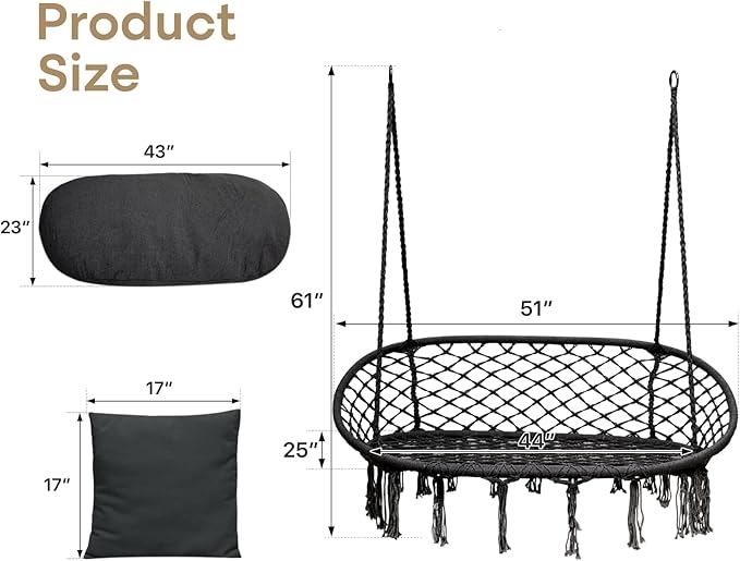 Athena Collection Hammock Swing Chair with 2 Seat, Max 700 Lbs, Outdoor Large Cotton Rope Chair Hanging Macrame Chair with 3 Soft Cushion, Swing Chair for Outdoor Indoor Patio Garden, Black