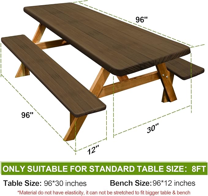 Picnic Table Cover with Bench Covers Camping Essentials Waterproof Windproof Camping Tablecloth with Drawstring Bag, Fitted Rectangle Tables and Seats, 96in, Dark Brown