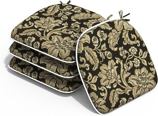 Outdoor 16"x17" Chair Pads Set of 4, Water Resistant Patio Chair Cushions with Ties, Seat Cushions for Home Garden Furniture Decoration, Jacobean Black