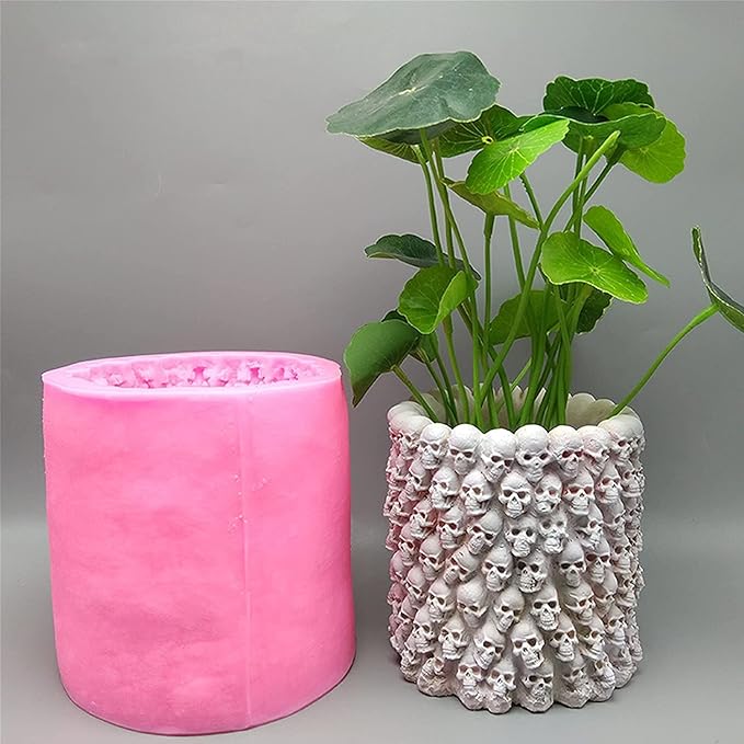 Skull Succulent Flower Pot Silicone Mold Concrete Planter Vase Cement Mold Plaster Epoxy Resin Pen Brush/Candle Holder Polymer Clay Mould (B)