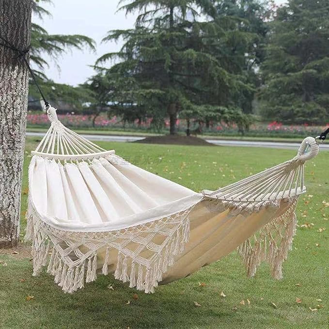 Cotton Canvas Tassel Hammock, Double Boho Hammocks with Macrame Fringe, Portable Camping Indoor Outdoor Garden Hammock Swing with Travel Bag, 150kg Load Capacity White