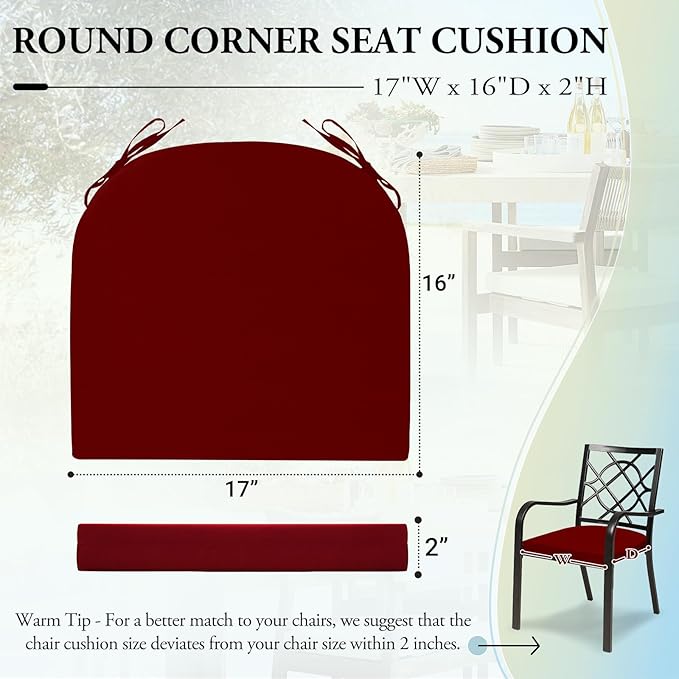 Wellsin Outdoor Chair Cushions for Patio Furniture - Patio Chair Cushions Set of 4 - Water Resistant Round Corner Outdoor Seat Cushions 17"X16"X2", Burgundy
