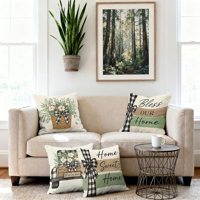 Farmhouse Pillow Covers 18x18 inch Set of 4, Plaid Bow Home Throw Pillow Covers Farmhouse Cushion Case Decor for Sofa Couch