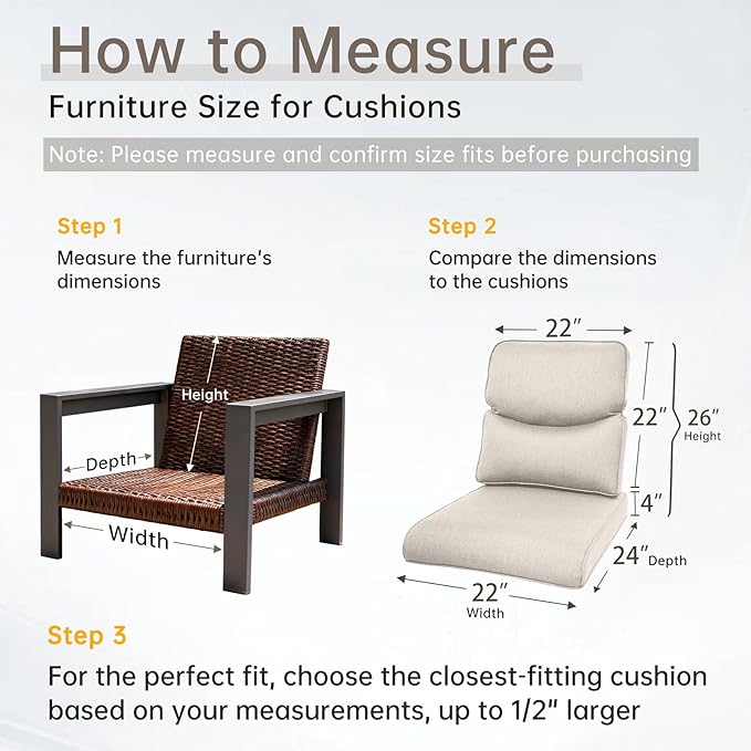 Belord Luxury 4" Thick Smile Outdoor Cushion Set - 22 x24 Inch 28D Sponge Filling Fade-Resistant Chair Cushions, Spill Proof Removable Patio Furniture Replacement Cushion for Sofa Bench - Beige