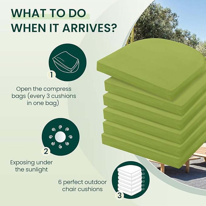 HARBOREST Outdoor Chair Cushions Set of 6, Water Resistant Patio Chair Cushions with Ties, Outdoor Seat Cushions for Patio Furniture, 17"x16"x2", Grass Green