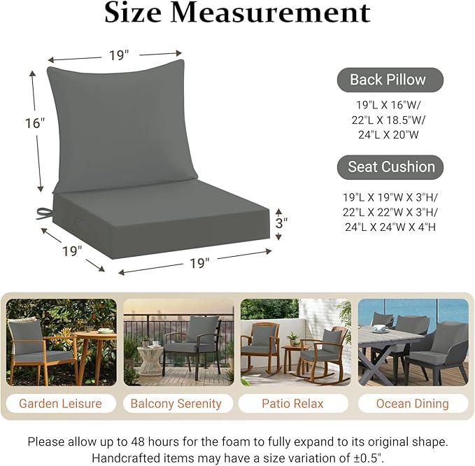 downluxe 19x19 Outdoor Chair Cushions, Waterproof Fade Resistant Patio Furniture Cushions with Handle & Removable Cover, Deep Seat Outdoor Cushions for Sofa, Couch and Patio Chairs, Dark Grey