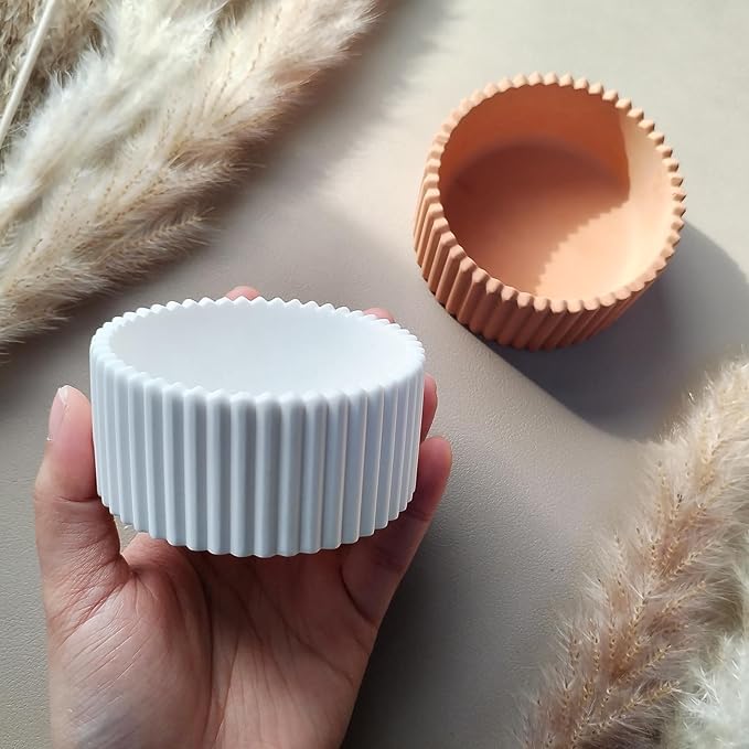 Wehous 2PCS Round Candle Holder Molds, Striped Storage Box Jar Plant Pot Silicone Molds for Epoxy Resin Concrete Cement Plaster, Container Trinket Tray Jewelry Holder Craft Mould DIY Home Ornament