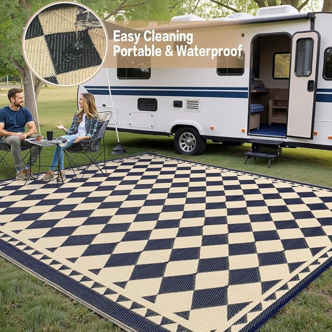 HUGEAR Outdoor Rug for Patios Clearance,Waterproof Mat,Large Outside Carpet,Reversible Plastic Straw Camping Rugs,Rv,Porch,Deck,Camper,Balcony,Backyard (9x12,Checkered/Black&Beige)