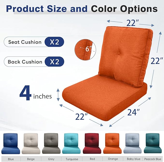 Belord Luxury 4" Thick Outdoor Cushion 2 Set - 22 x24 Inch 28D Sponge Filling Fade-Resistant Chair Cushion, Spill Proof Removable Patio Furniture Replacement Cushions for Sofa Bench Swing - Orange