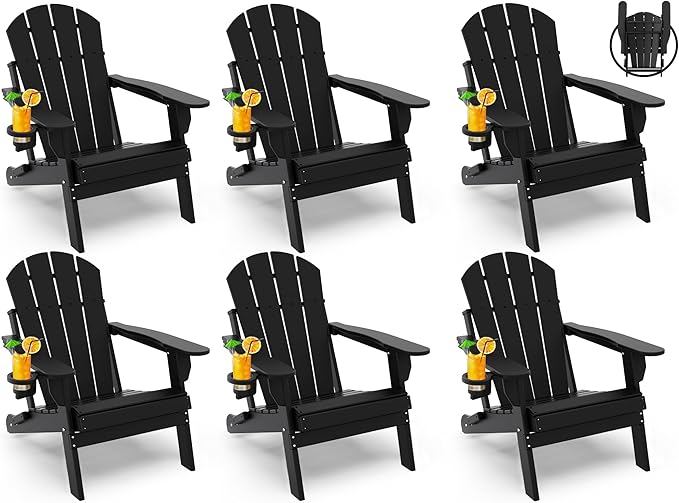 GREENVINES Folding-Adirondack-Chairs-Set-of-6 | HDPE Plastic | Fire Pit Chair | All Weather | Cup Holder | Black | for Deck Backyard Patio Outdoor Garden