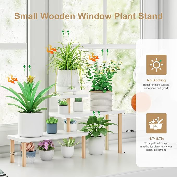 Small Plant Stand Shelf ,3 Tiers Wood Long Desktop Flower Pot Holder Racks for Window Sill,Table ,Countertop Organizer Display Stand Shelves (Angle Adjustable,White)