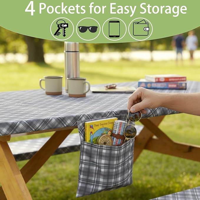 Fitted Waterproof Picnic Table Cover with Bench Covers Heavy Duty Elastic Outdoor Camping Tablecloth for 6 Foot Rectangle Tables Summer Rv Accessories Patio Garden Road Trip Essentials Gifts