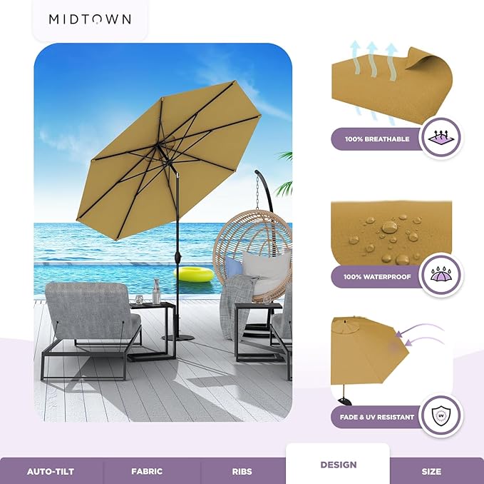 Midtown Umbrellas - 10-Year-No-Fade 10 Ft Patio Umbrella with Terylast Fabric, Auto-Tilt Aluminum Frame and 8 Reinforced Ribs for Deck, Pool, Garden & Beach - Sand Tan Canopy, Black Pole