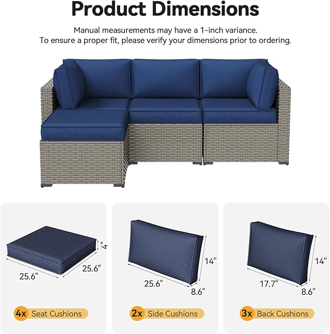 Aoxun Outdoor Replacement Cushions for Patio Furniture, 4'' Water-Repellent Sofa Cushion for 4-Seat Rattan Wicker Sectional, Deep Seats & Fade Resistant (9-Piece, Navy)