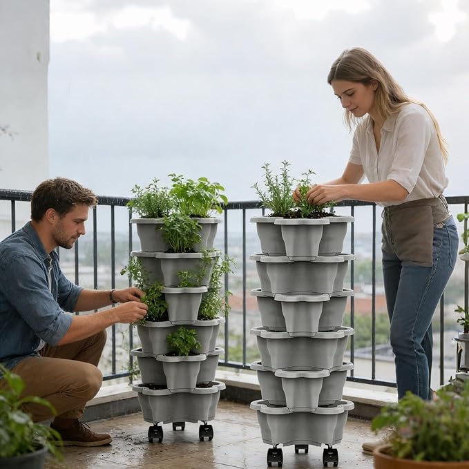 Vertical Planter 6 Tier Stackable Planter Garden Pots, Strawberry Vertical Pots, Stacking Tower Garden, Stackable Herb Flower Vegetable FlowerPots Indoor Outdoor with Removable Wheels