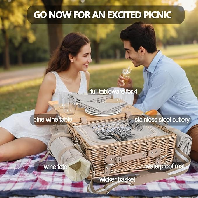 Multifunctional Wicker Picnic Basket Set for 4 with Blanket and Picnic Table, Insulated Picnic Set with Full Tablewares for Camping Outdoor Couples, Flowers