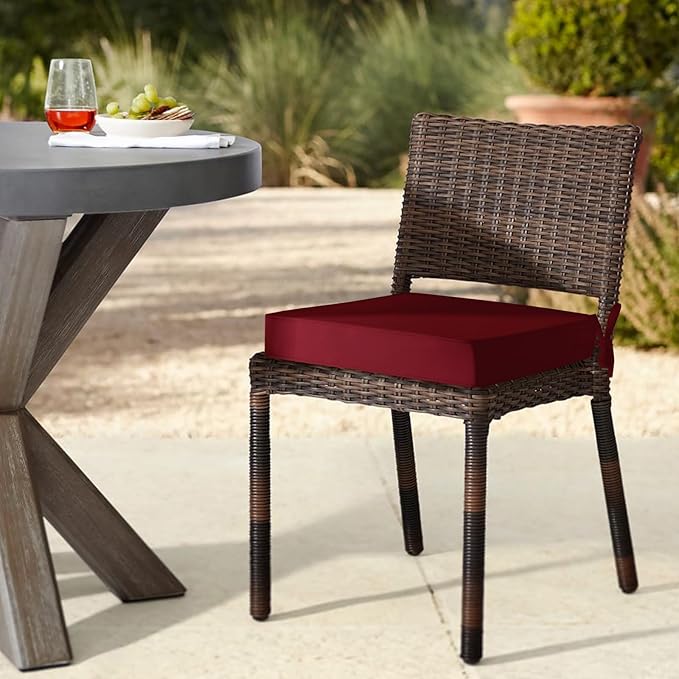 downluxe Waterproof Outdoor Chair Cushions Set of 4, 19" x 19" x 3" Patio Chair Cushion with Non-Slip Ties & Handle, Square Outdoor Cushion for Patio Furniture with Removable Cover, Burgundy