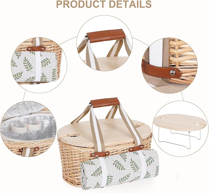 Picnic Basket Set for 2 - Wicker Insulated Picnic Basket with Waterproof Blanket, Folding Wine Picnic Table & Cutlery Kits, Picnic Baskets Kit for Camping, Outdoor, Valentine (Leaf)