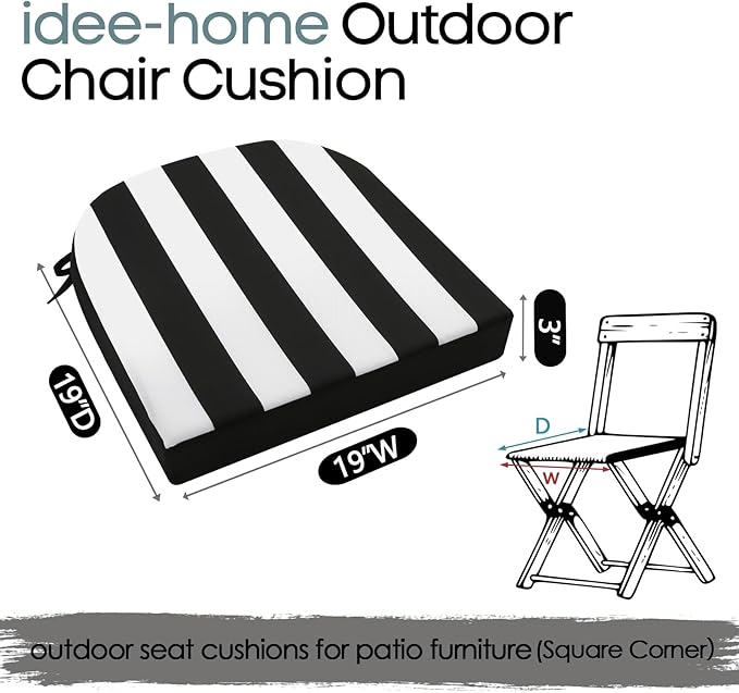 idee-home Outdoor Chair Cushions Set of 2, Thick 19" x 19" x 3" Patio Chair Cushions for Outdoor Furniture Waterproof with Ties, Outdoor Seat Cushion, Patio Chair Pads Dining Chair Black Stripes