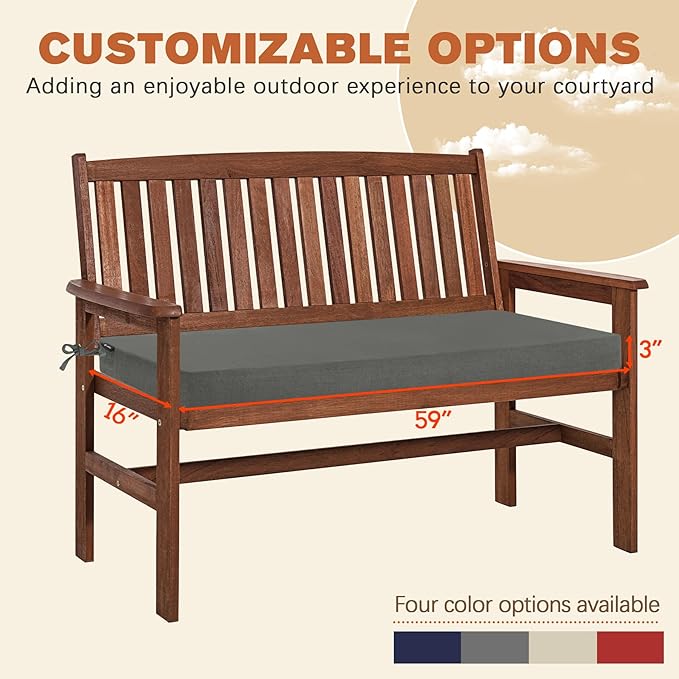 Favoyard Outdoor Bench Cushion 59 x 16 Inch Rainproof Patio Furniture Cushions 3-Year Color Fastness Garden Settee Porch Pads with Ties, Dark Gray