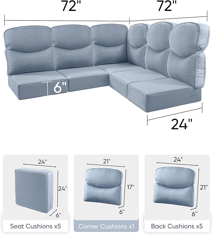 Luxury 24x24x6 Outdoor Cushions for 5-Seat Sectional Sofa Set of 5 - Water-Repellent 11-Piece Patio Cushion for Outside Rattan Wicker Loveseat Chair L-Shape Couch - Baby Blue/Smile