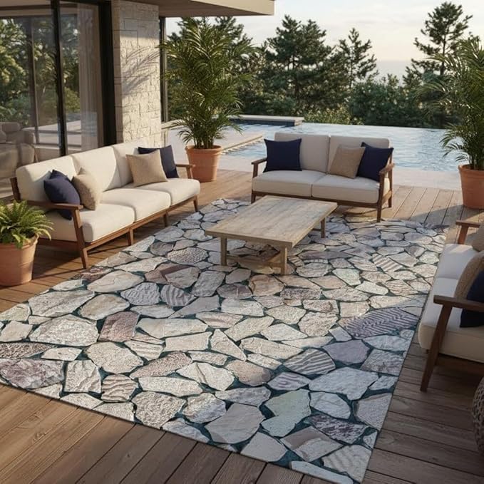 Rustic Grey Brown Faux Rock Tile 7x10 Outdoor Rugs for Patios Balcony Deck Garden Camping Beachside Porch Natural Stones Theme Thin Non Slip Waterproof Quick Dry Comfort Art Decor Carpets