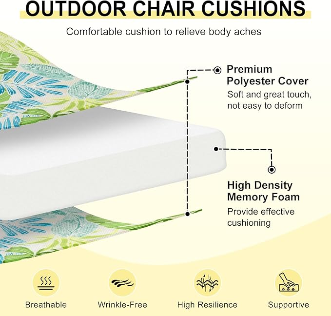 downluxe Outdoor Chair Cushions Set of 4 for Patio Furniture, Water-Resistant Square Patio Chair Cushions with Ties, High Density Foam Outdoor Seat Cushion, 18.5" X 16" X 3", Tropical Green Leaves