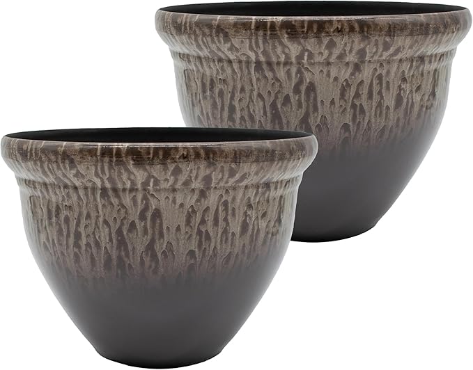 The HC Companies 12 Inch Pizzazz Round Planter Pots with Ceramic Look, Lightweight UV-Resistant Plastic Indoor & Outdoor Planters, 2-Pack Flower Pots for Garden & Home Decor, Foggy Gray