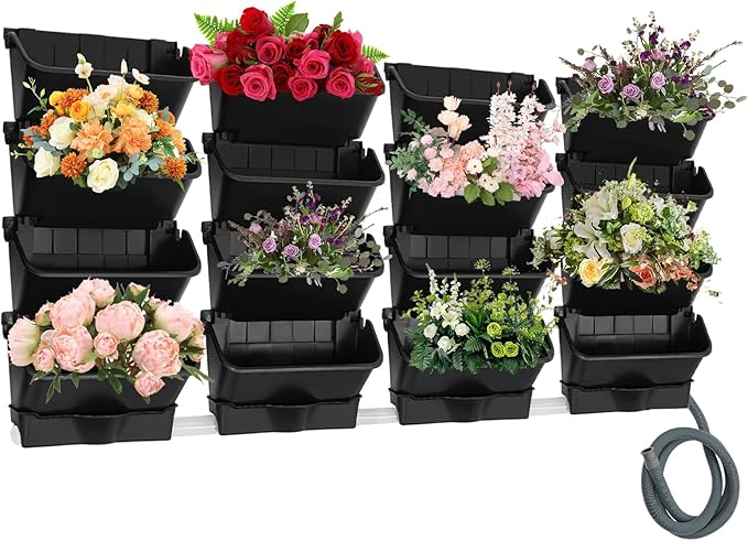 Vertical Wall Planter for Indoor Plant-Walls Mounted Pot with 4 Drainage Tray 16 Pack, with 6.56ft Drainage Pipe for Decor, Plastic Pots Balcony Planters, Plants Hanging (16, Black)
