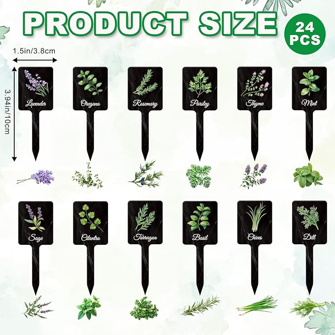 UPINS 24Pcs Acrylic Garden Herb Signs,Herb Garden Plant Labels Markers for Outdoors Black Waterproof Tags Signs with Printed Name for Indoor Outdoor Gardens Plants Potted