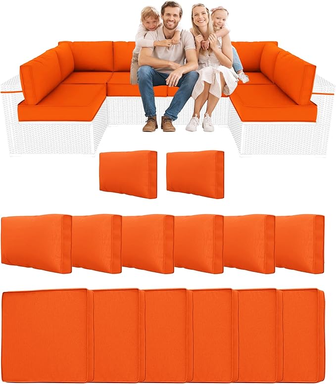 14 Piece Outdoor Sectional Cushions, Water-Resistant Outdoor Sofa Cushions Replacement, 4" High Density Foam Patio Furniture Cushions Fits 6-seat Rattan Conversation Set (Orange)