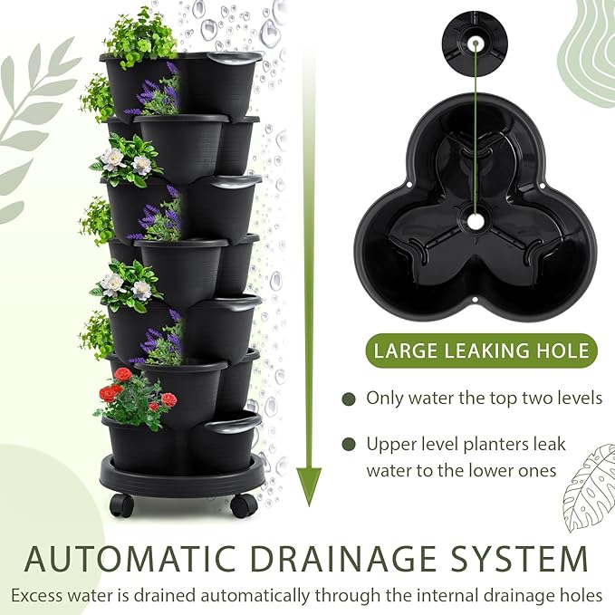 Umigy 1 Set Black 7 Tier Stackable Vertical Planters with Removable Wheels and Tools Tower Planters Strawberry Herb Flower Vegetable Pots Indoor Outdoor Gardening Pots