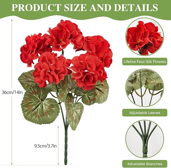 6 Pcs Artificial Geranium Flowers for Outdoors Silk Red Flower Outdoor UV Resistant Garden Plants Faux Flowers for Outdoor Planters, Front Door Garden Porch Planter Patio Balcony Yard Indoor Home