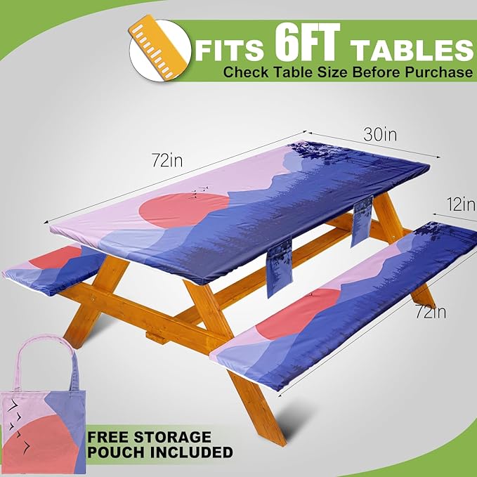 Fitted Picnic Table Cover with Bench Covers, Windproof Vinyl Table Cloths Outside Camping Cooking Backyard Furniture Seat Cushion Tablecloth Activities Party Decor Decorations Para Acampar Equipment