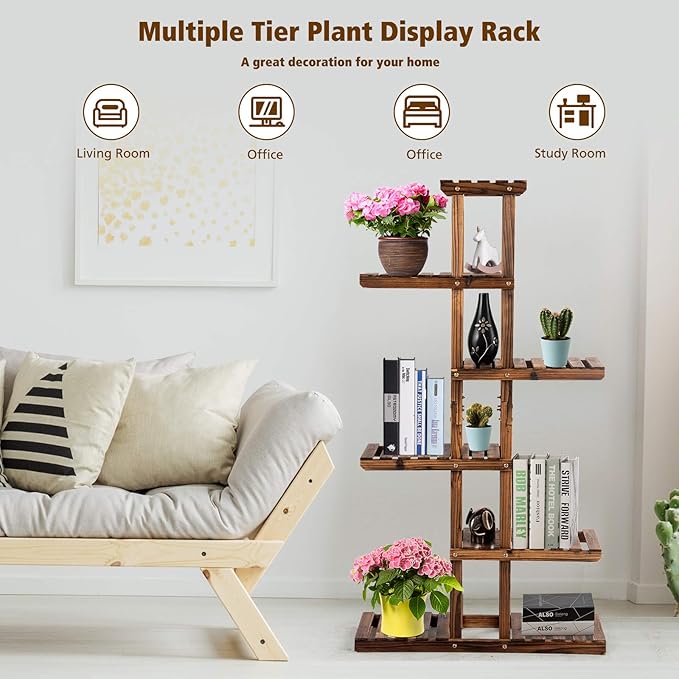Giantex Flower Rack Wood Plant Stand 7 Wood Shelves 11 Pots Bonsai Display Shelf Indoor Outdoor Yard Garden Patio Balcony Living Room Multifunctional Storage Rack Bookshelf W/Hollow-Out Rack