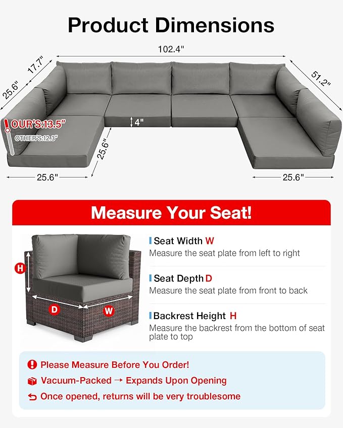YEFU Outdoor Cushions for Patio Furniture: Replacement Cushions for Outdoor Furniture - Waterproof Couch Cushion - Fade-Resistant/Easy Clean - 14 Piece Sectional Cushion - Non-Slip/Storage Bag/Grey