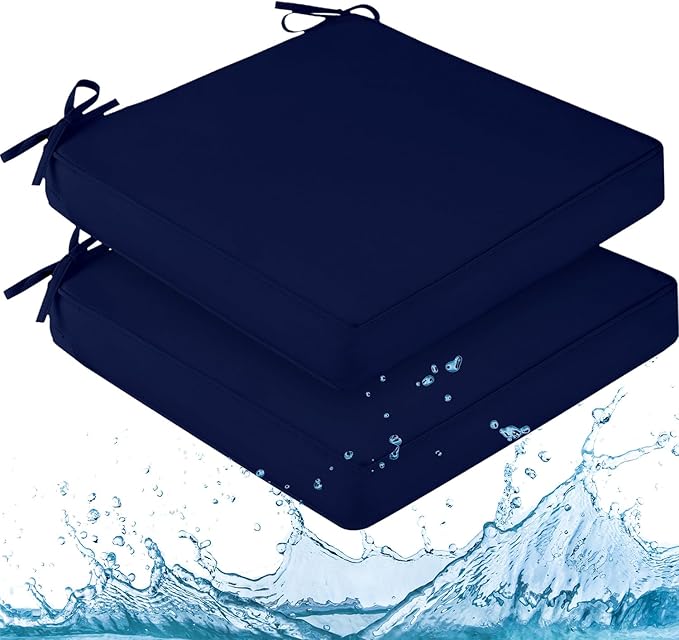 downluxe Waterproof Outdoor Chair Cushions for Patio Furniture, 19" x 19" x 2" Patio Chair Cushion with Adjustable Ties & Portable Handle, Square Outdoor Cushion with Removable Cover, Navy, 2 Pack