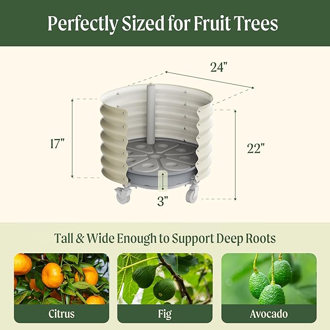 Rolling Metal Citrus Tree Planter, Self-Watering Round Large Pot for Growing Trees Tomatoes Vegetables and Flowers, Raised Garden Bed with Wheels for Porch Patio & Backyard, Twin Pack-Pearl White