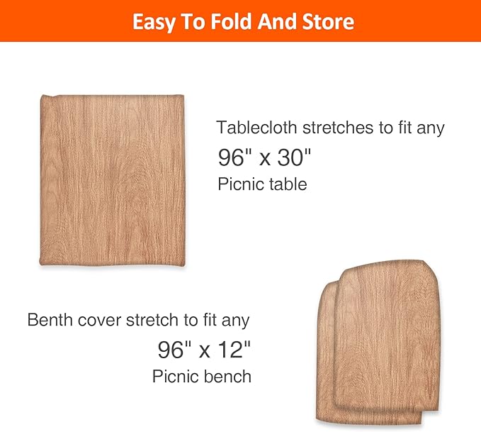 KENOBEE 8ft Picnic Table and Bench Cover, Camping Essentials RV Gear, 96 in Waterproof Windproof Outdoor Elastic All Around Tablecloth, Fitted Rectangle Tables and Seats, Wood Grain