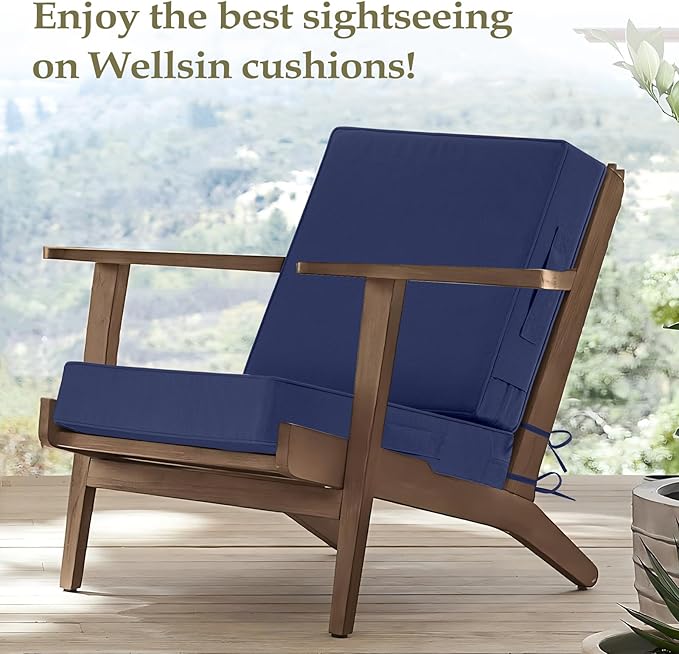 Wellsin Outdoor Cushions for Patio Furniture, Waterproof Outdoor Seat Cushions with Ties and Handle, 22X22 Outdoor Cushions, Outdoor Deep Seat Cushions with Removable Cover, Navy