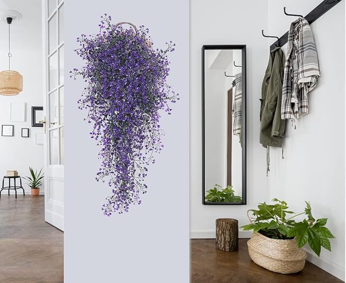 RECUTMS Artificial Hanging Plants Fake Vines Wall Hanging 4Pcs Faux Ferns Leaves Greenery for Spring Home Garden Wedding Party Indoor Outdoor Valentines Day Decorations(Purple)