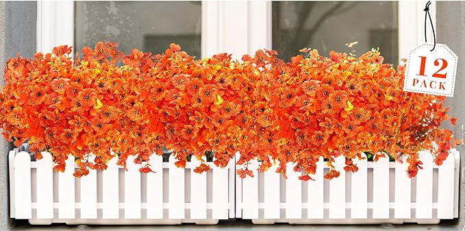 12 Bundles Artificial Fall Fake Mums for Outdoor, Autumn Faux Mums Flowers UV Resistant Plastic Greenery Garden Porch Patio Fall Thanksgiving Home Decor