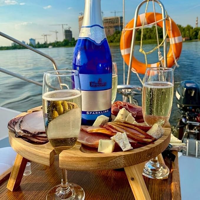Portable Wooden Picnic Table with Wine Glass Holder - Foldable 2-in-1 Outdoor Snack Tray for Cheese & Fruit, Collapsible Camping Table with Integrated Glass Rack
