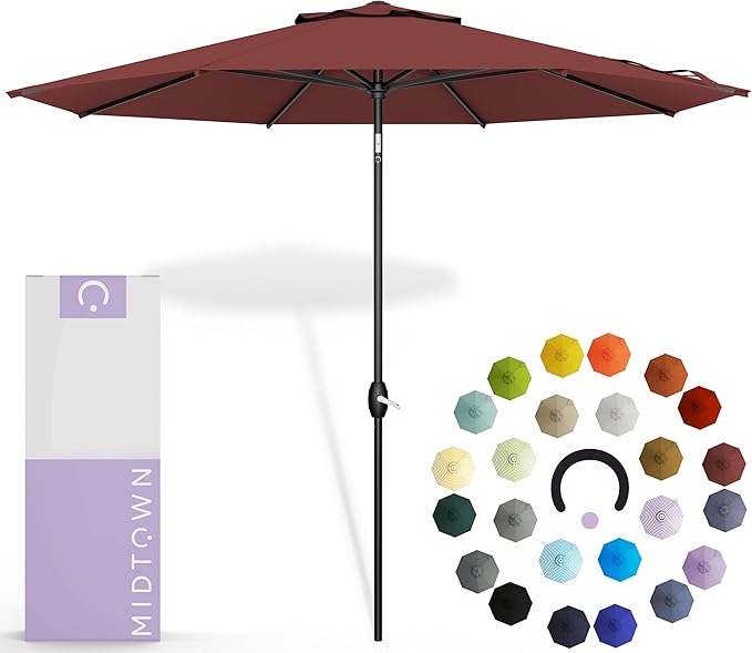 Midtown Umbrellas - 10-Year-No-Fade 6 Ft Patio Umbrella with Terylast Fabric, Auto-Tilt Aluminum Frame and 8 Reinforced Ribs for Deck, Pool, Garden & Beach - Burgundy Canopy, Black Pole