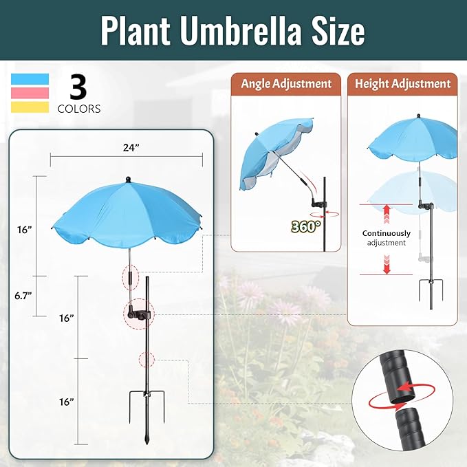 3 Pack Plant Umbrellas for Outdoor Plants, 24" Larger Flower Umbrella with Continuously Adjustable Height & Angle, Shade for Plants, 54" Higher Plant Umbrella for Potted Plants, Flowers, Garden Beds
