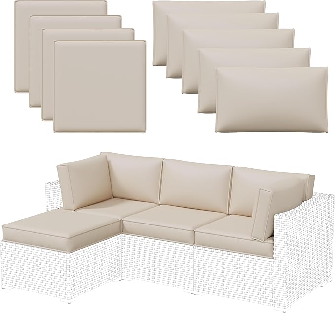 Aoxun Outdoor Replacement Cushions for Patio Furniture, 4'' Water-Repellent Sofa Cushion for 4-Seat Rattan Wicker Sectional, Deep Seats & Fade Resistant (9-Piece, Ivory)