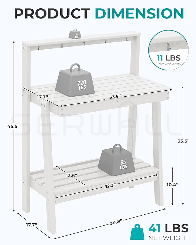 SERWALL Potting Bench Outdoor with Storage, 3-Tier HDPE Gardening Table with Angled Legs & Tool Hooks, All-Weather Heavy Duty Potting Table for Patio, Backyard, Garden,White