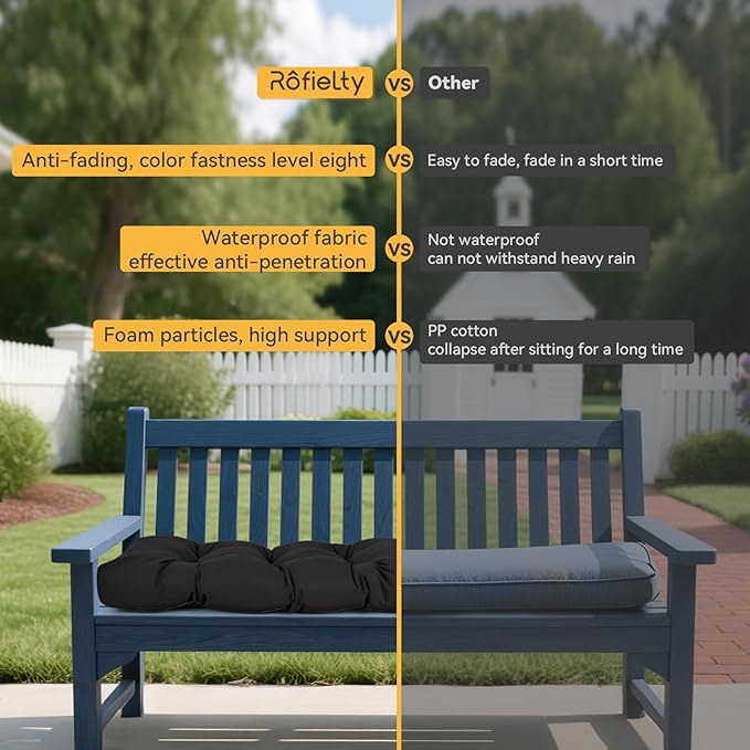 ROFIELTY Outdoor Bench Cushion, Waterproof/Sun-Proof Fabric, Tufted Bench Cushion with 2 Ties, Suitable for Outdoor Garden Bench/Swing/Indoor Furniture (Black, 42×16×4)