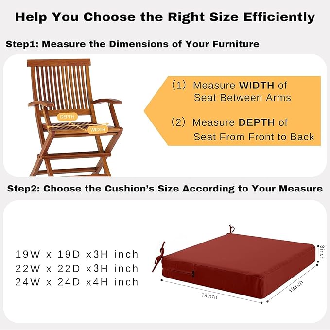 idee-home Outdoor Chair Cushions Set of 2, Waterproof Outdoor Seat Cushions for Patio Furniture, Outside Replacement Chair Pad with Ties for Lawn Deck Porch, 19 x 19